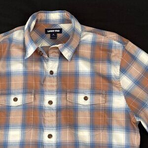 Lands End Mens Plaid Shirt Medium Blue/Brown Cotton Stretch